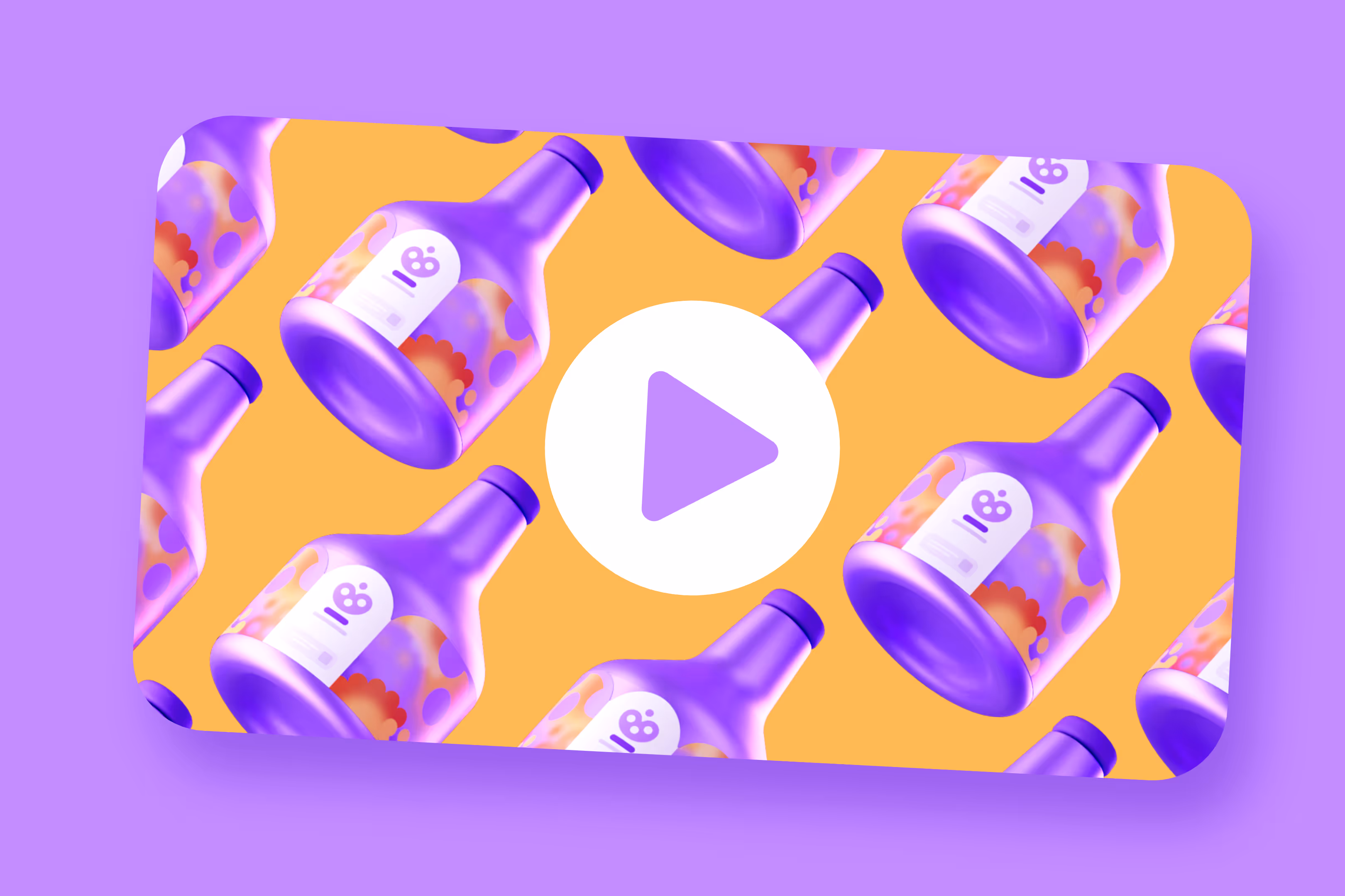 Toistuva kuvio, jossa violetinsävyisiä pulloja oranssilla taustalla ja keskellä violetilla soittopainikkeella varustettu valkoinen ympyrä.