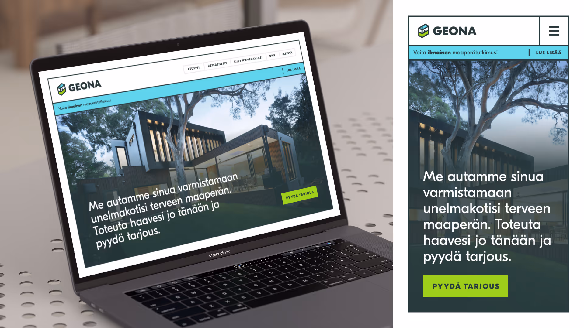 Kannettava MacBook Pro -kannettava, jonka näytöllä näkyy GEONA-verkkosivusto, jossa mainostetaan tervettä maaperää unelmakodille ja kehotetaan pyytämään tarjous.