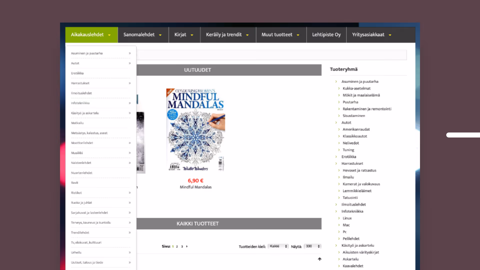 Verkkokaupan valikko ja etusivu, jossa näkyy Mindful Mandalas -värityskirja ja useita tuotekategorioita.