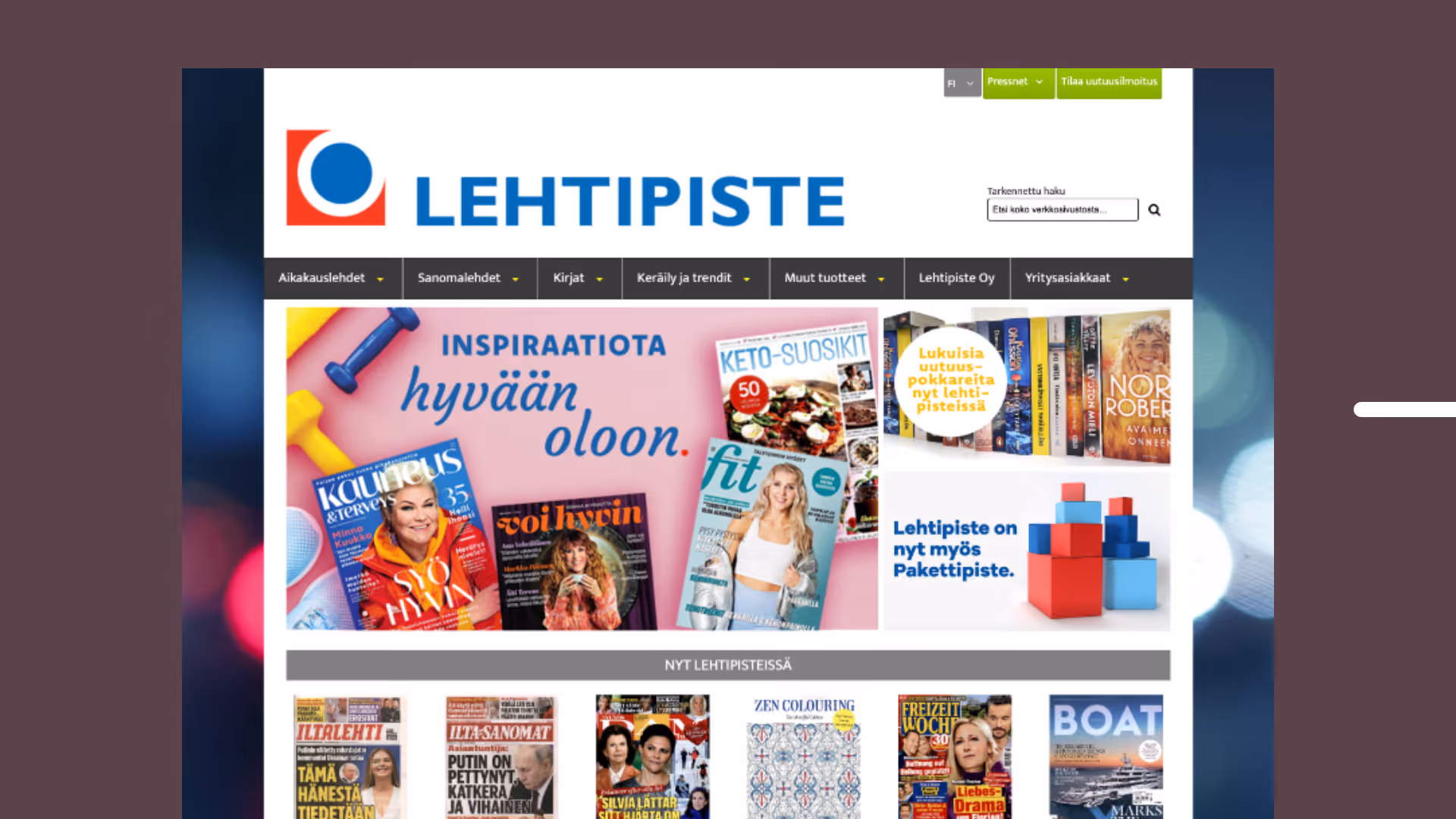 Lehtipiste-verkkosivun etusivu, jossa näkyy lehtiä, kirjoja ja mainos, jossa teksti inspiraatiota hyvään oloon.