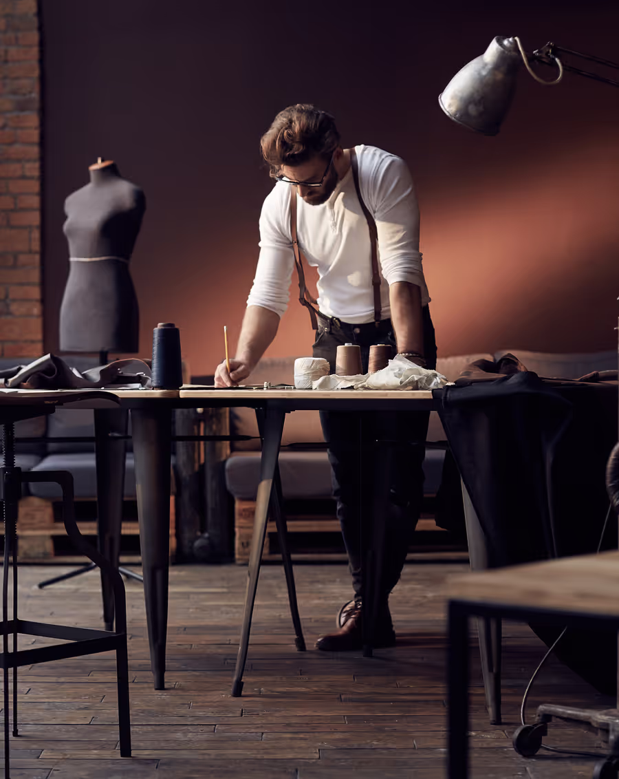 Male fashion designer sketching at a worktable in a tailoring studio with fabric, thread, and a mannequin.