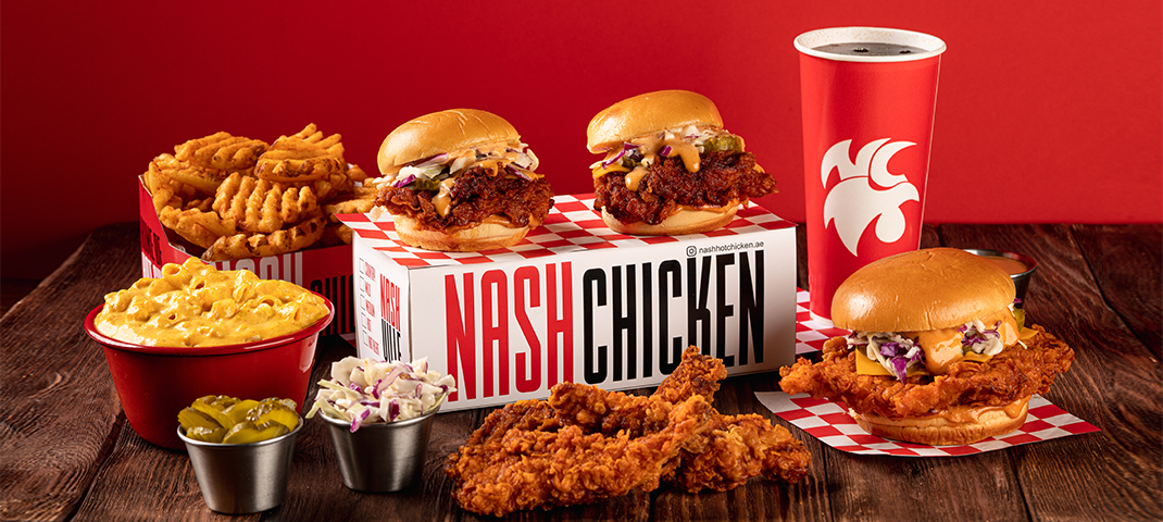 Nash Hot Chicken food truck banner with Nashville-style spicy fried chicken