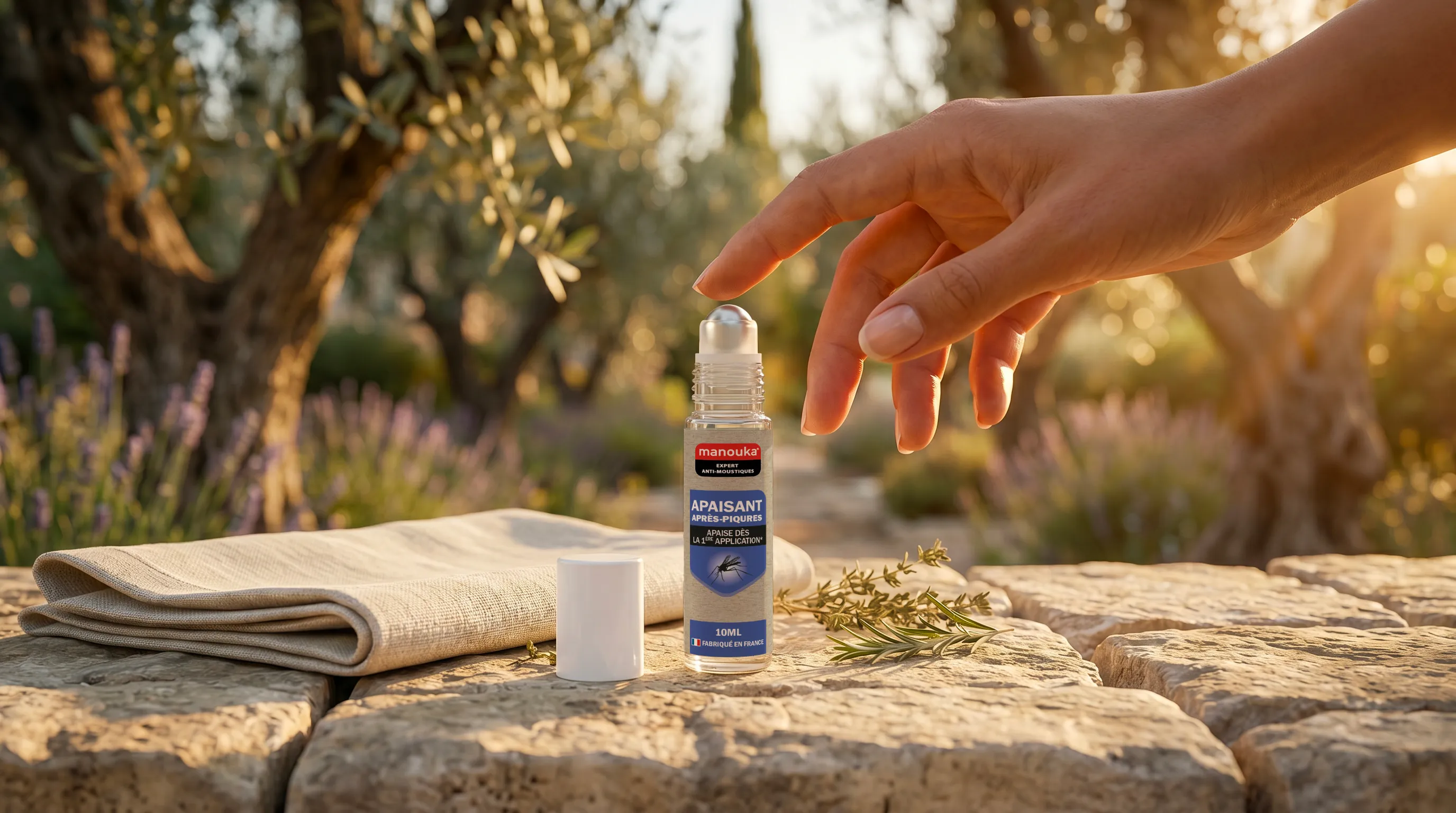 Main appliquant le roll-on après-piqûre Manouka dans un environnement naturel