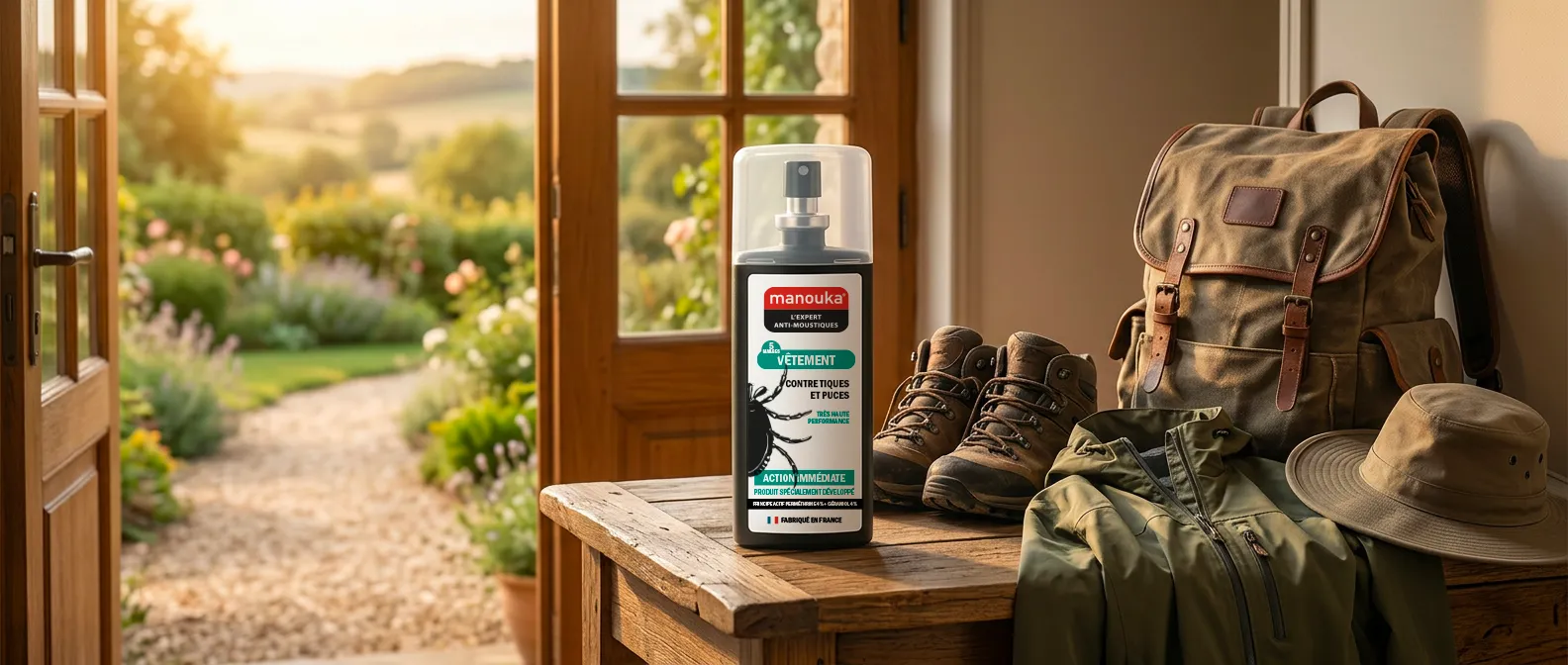 Spray anti-tiques et puces Manouka présenté avec un équipement de randonnée avant une activité en extérieur