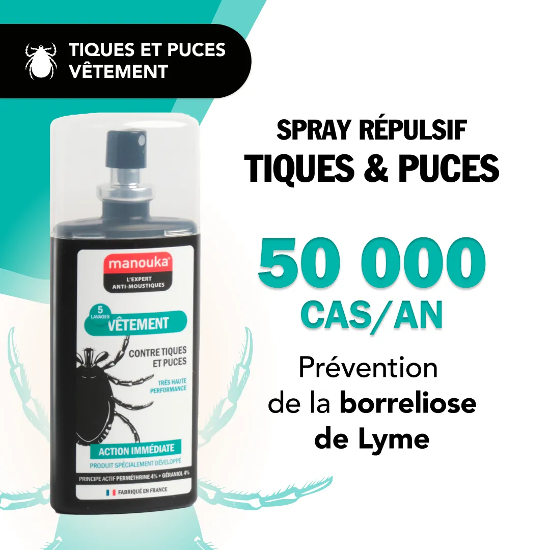 Lotion antiparasitaire Manouka pour tiques et puces avec message de prévention de la maladie de Lyme