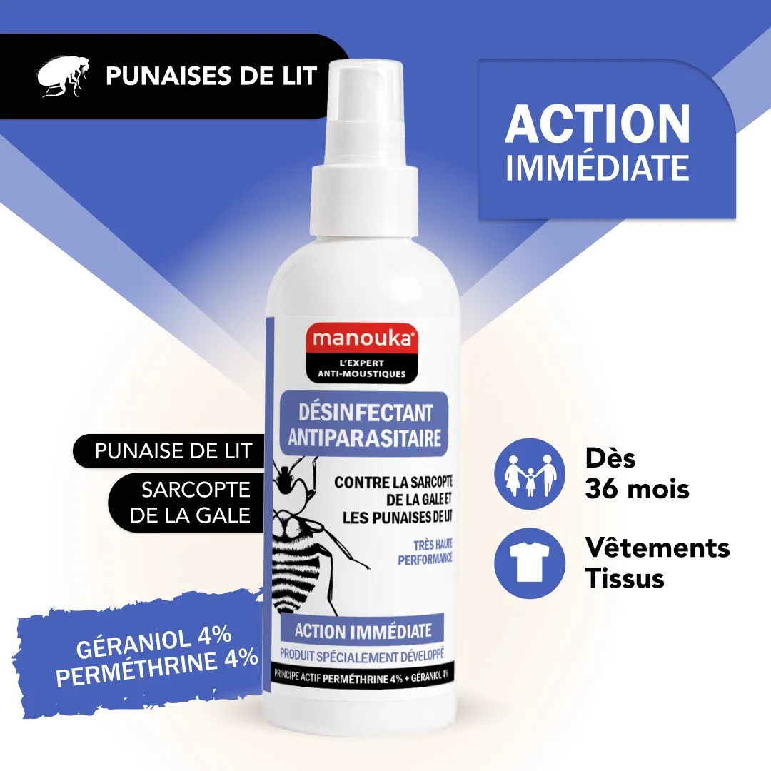 Désinfectant Manouka contre les punaises de lit et le sarcopte de la gale avec action immédiate