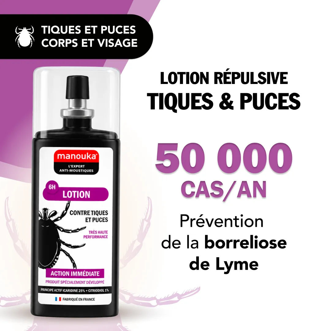 Lotion antiparasitaire Manouka pour tiques et puces avec message de prévention de la maladie de Lyme