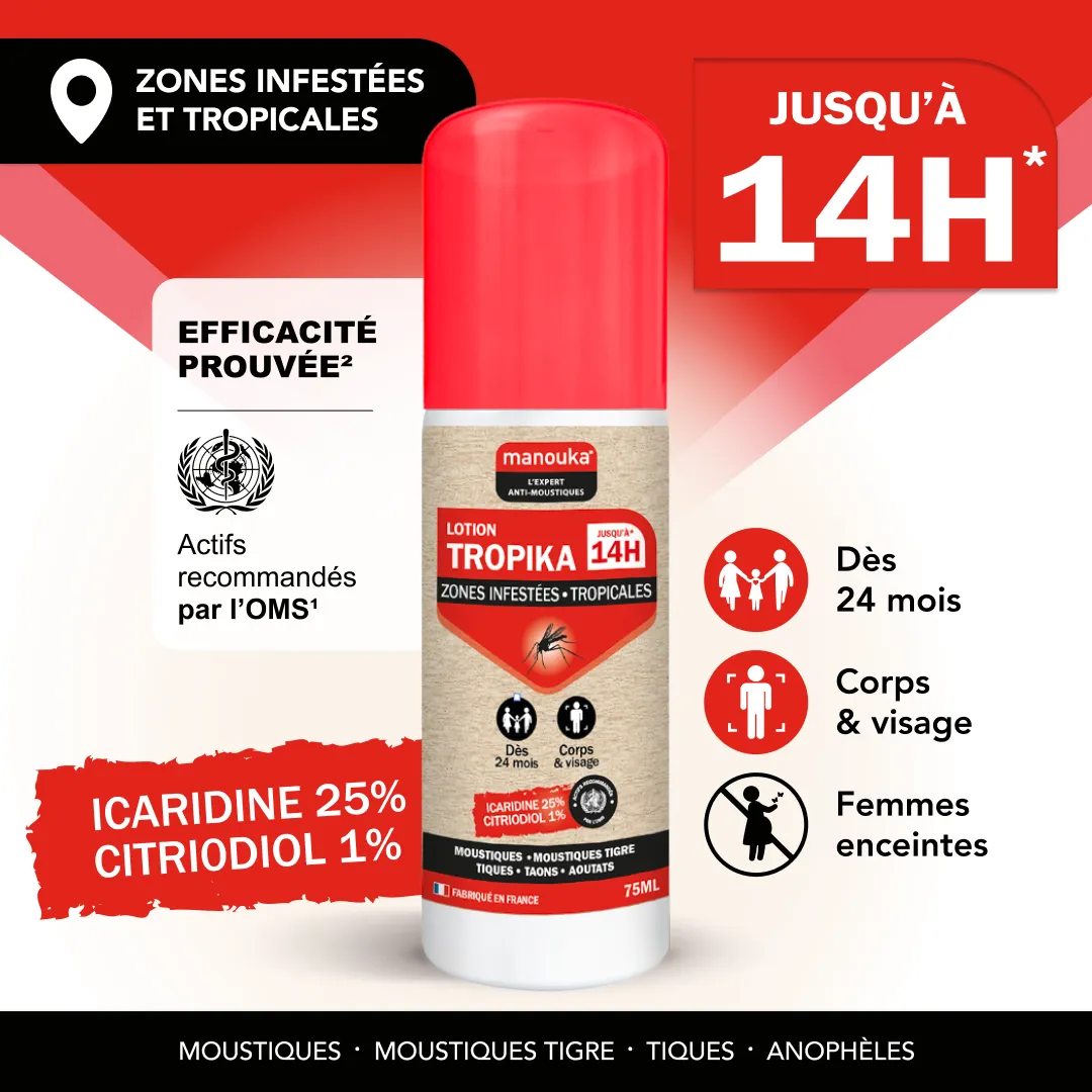 Lotion anti-moustiques Tropika Manouka pour les zones tropicales et infestées, efficace jusqu'à 14 heures dès 24 mois