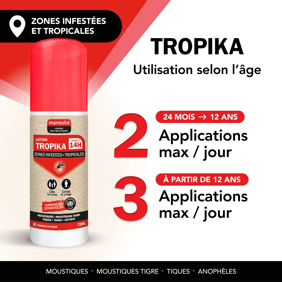 Lotion anti-moustiques Tropika Manouka avec 2 applications par jour de 24 mois à 12 ans et 3 applications par jour à partir de 12 ans