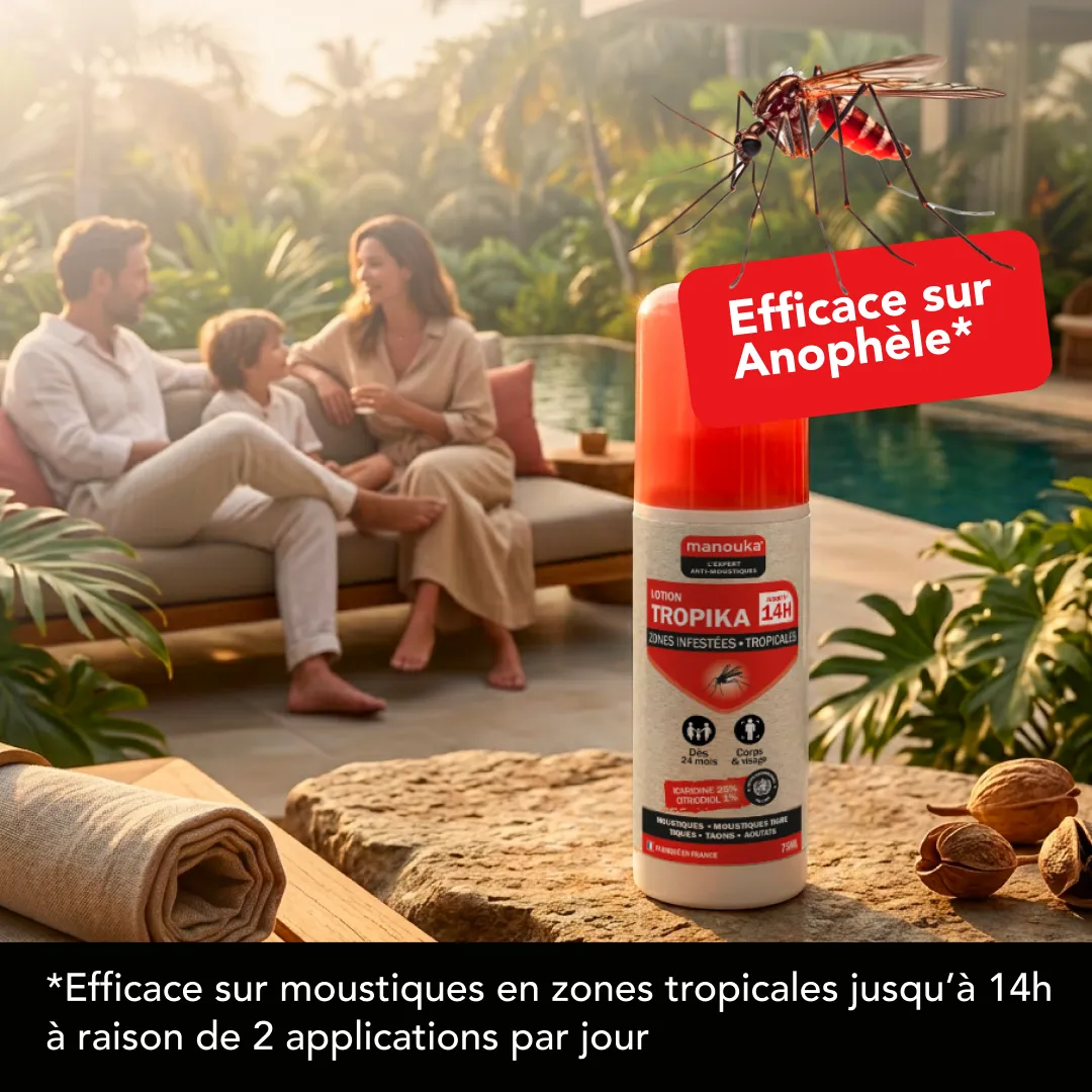 Lotion anti-moustiques Tropika Manouka pour les zones tropicales et infestées, efficace contre les anophèles