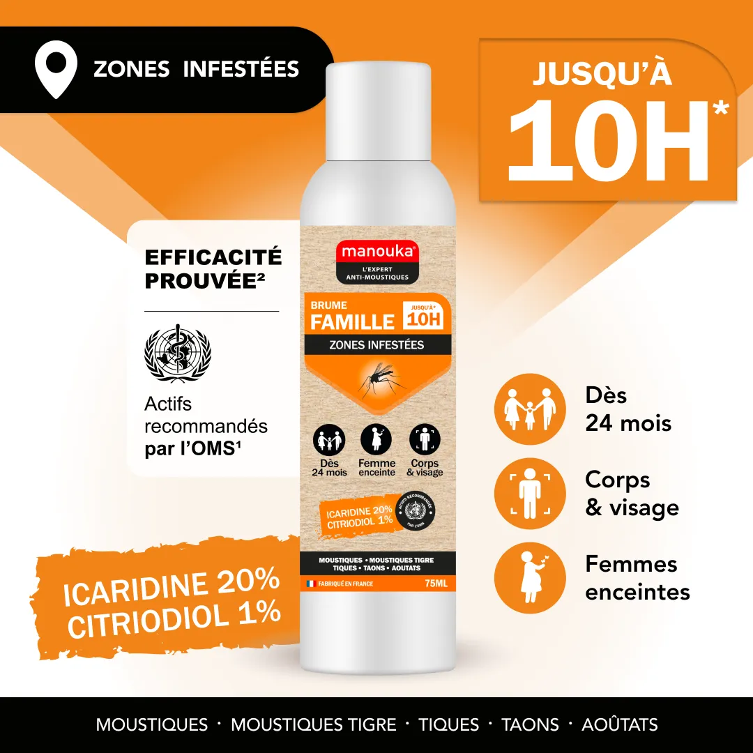 Brume Famille anti-moustiques Manouka pour le corps, le visage et femmes enceintes, efficace jusqu'à 10 heures dès 24 mois