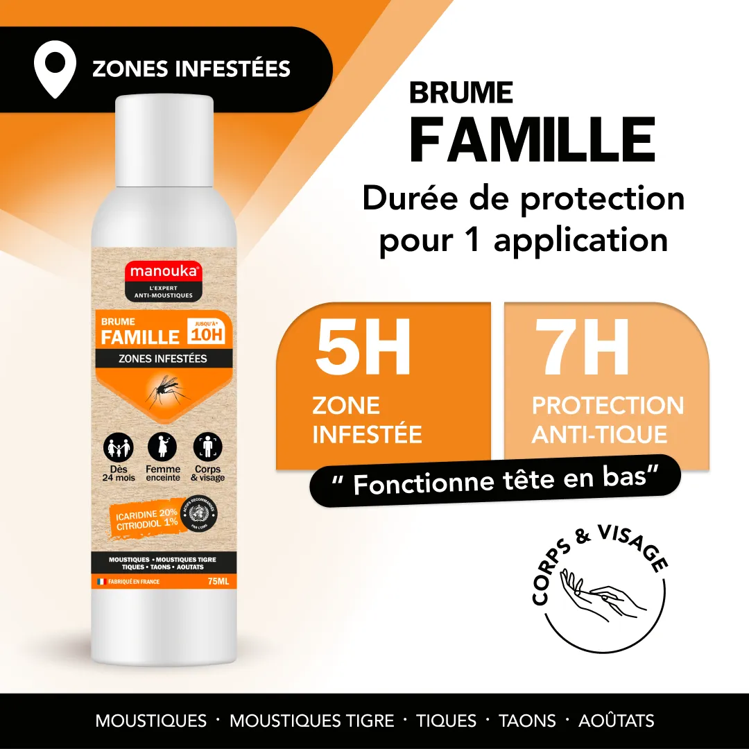 Brume Famille anti-moustiques Manouka avec jusqu'à 5 heures de protection en zones infestées et 7 heures contre les tiques