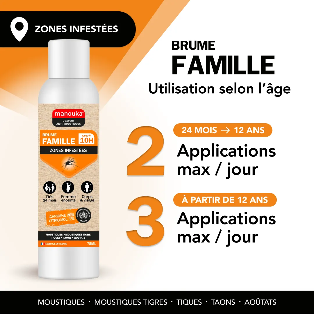 Brume Famille anti-moustiques Manouka avec 2 à 3 applications par jour selon l'âge