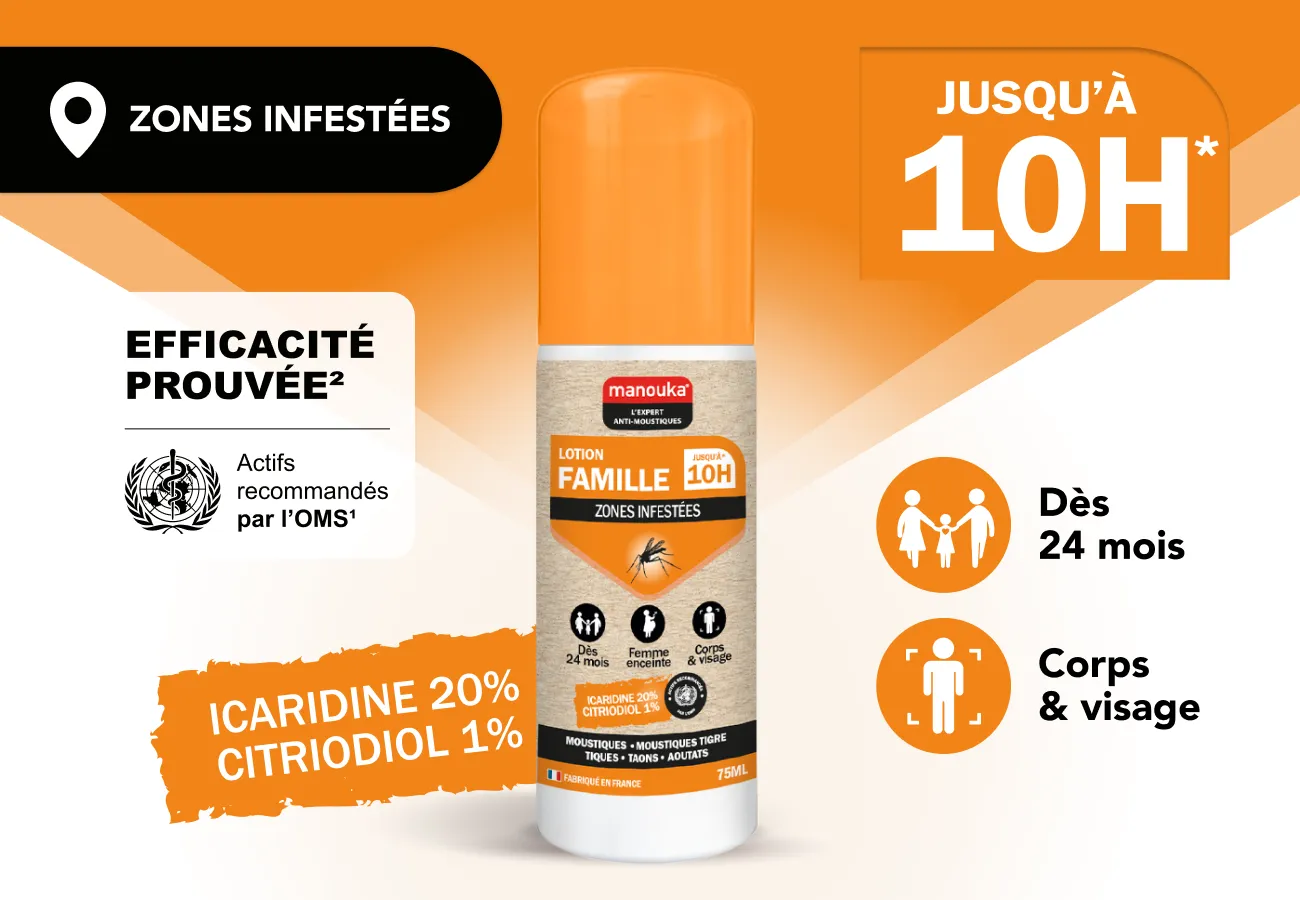 Lotion Famille anti-moustiques Manouka pour le corps et le visage, efficace jusqu'à 10 heures dès 24 mois