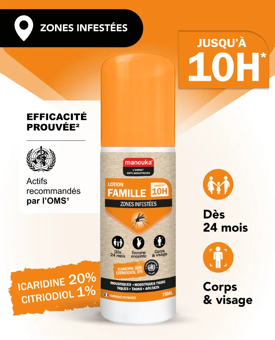 Lotion Famille anti-moustiques Manouka pour le corps et le visage, efficace jusqu'à 10 heures dès 24 mois