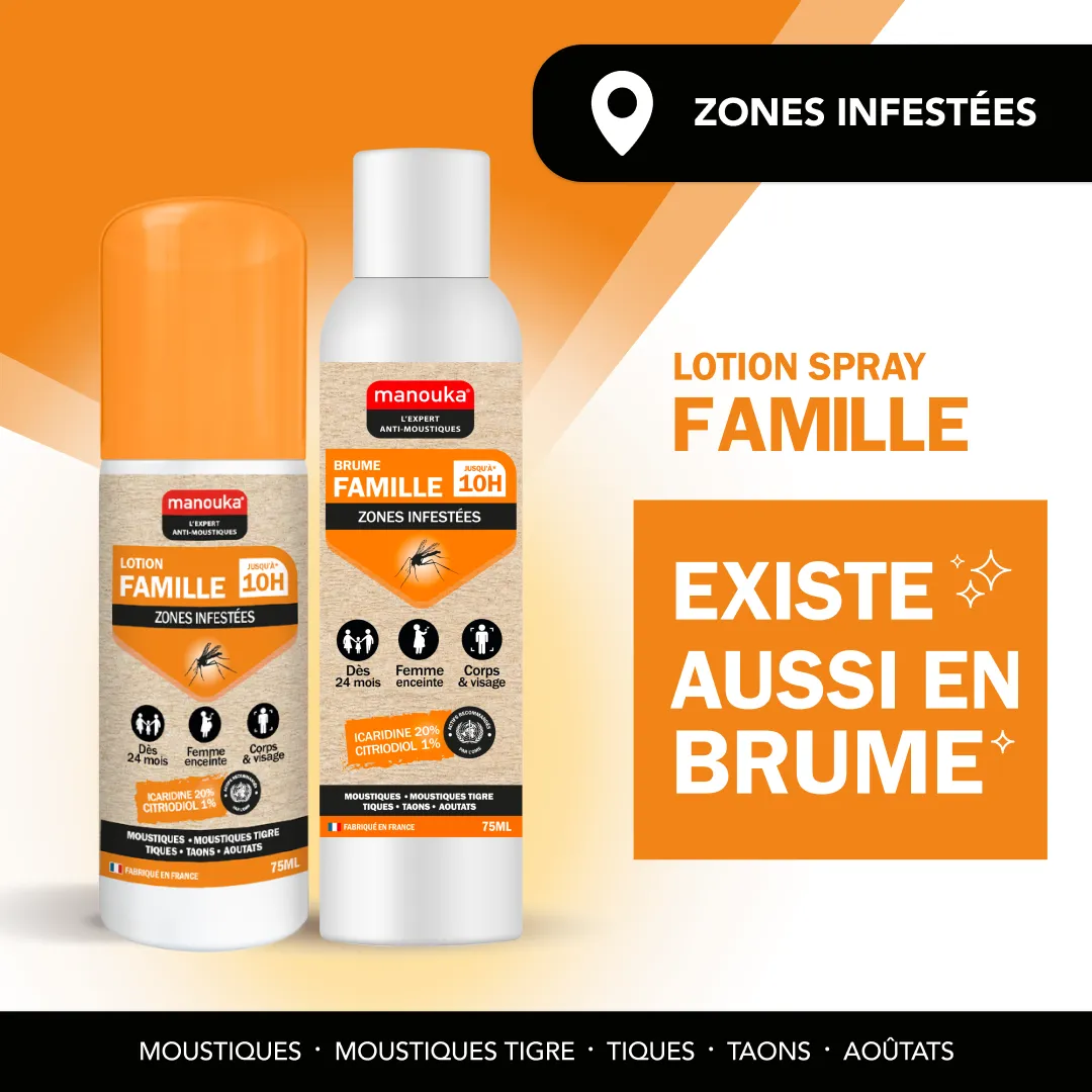 Lotion Famille anti-moustiques Manouka disponible en lotion spray et en brume
