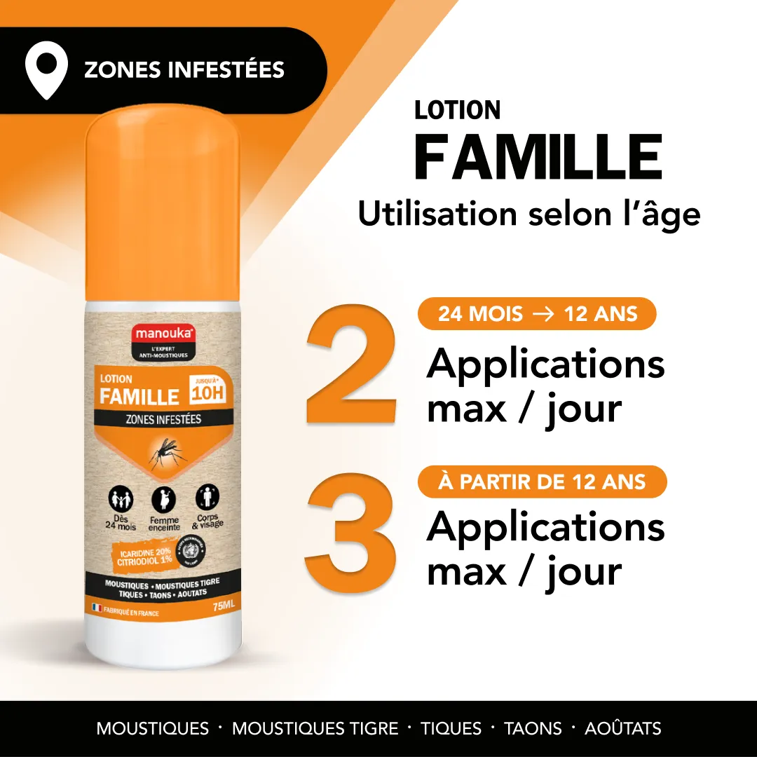 Lotion Famille anti-moustiques Manouka avec 2 applications par jour de 24 mois à 12 ans et 3 applications par jour à partir de 12 ans