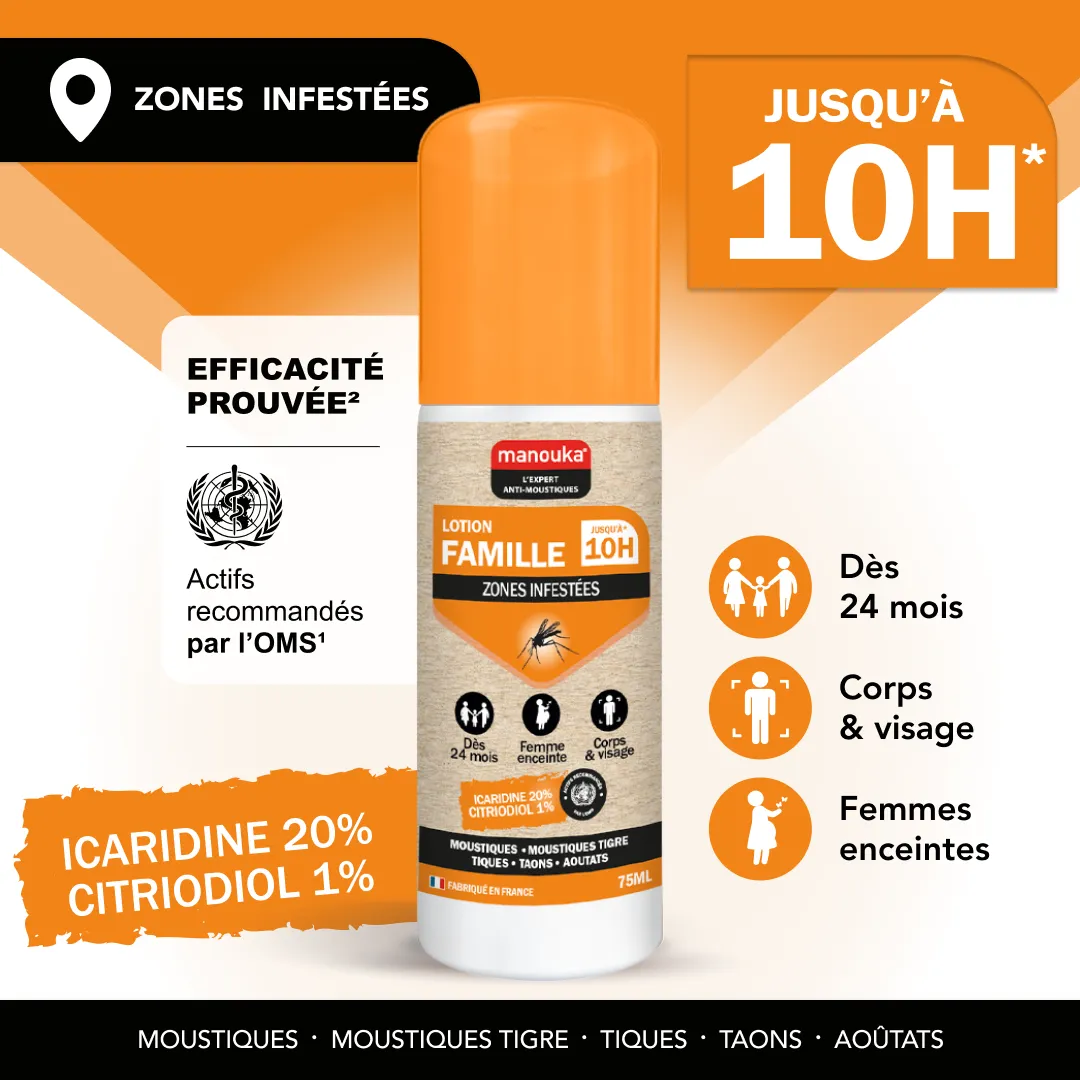 Lotion Famille anti-moustiques Manouka pour le corps, le visage et les vêtements, efficace jusqu'à 10 heures dès 24 mois