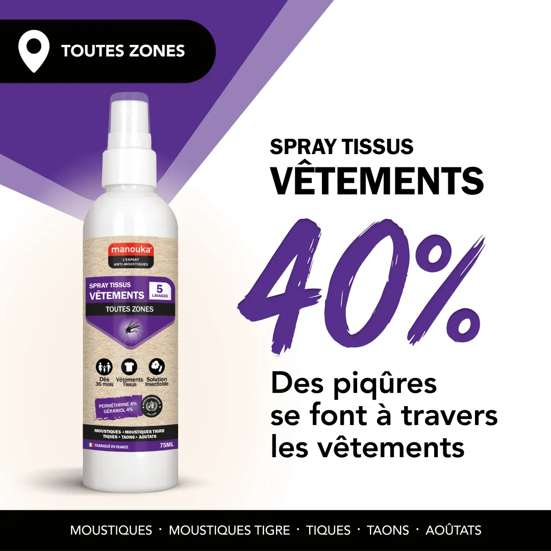 Visuel Manouka indiquant que 40 % des piqûres de moustiques se font à travers les vêtements