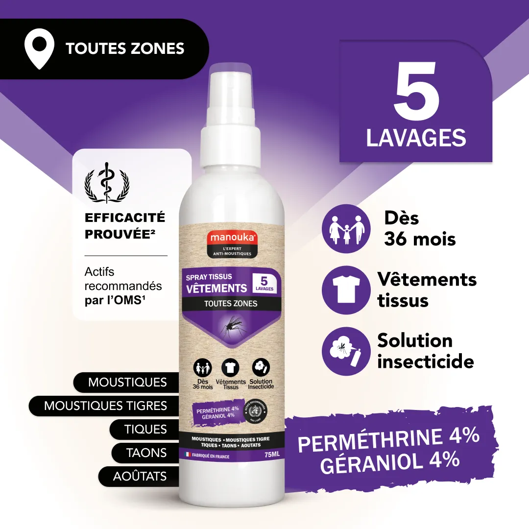 Spray anti-moustiques Manouka pour vêtements et tissus dès 36 mois, protection jusqu'à 5 lavages