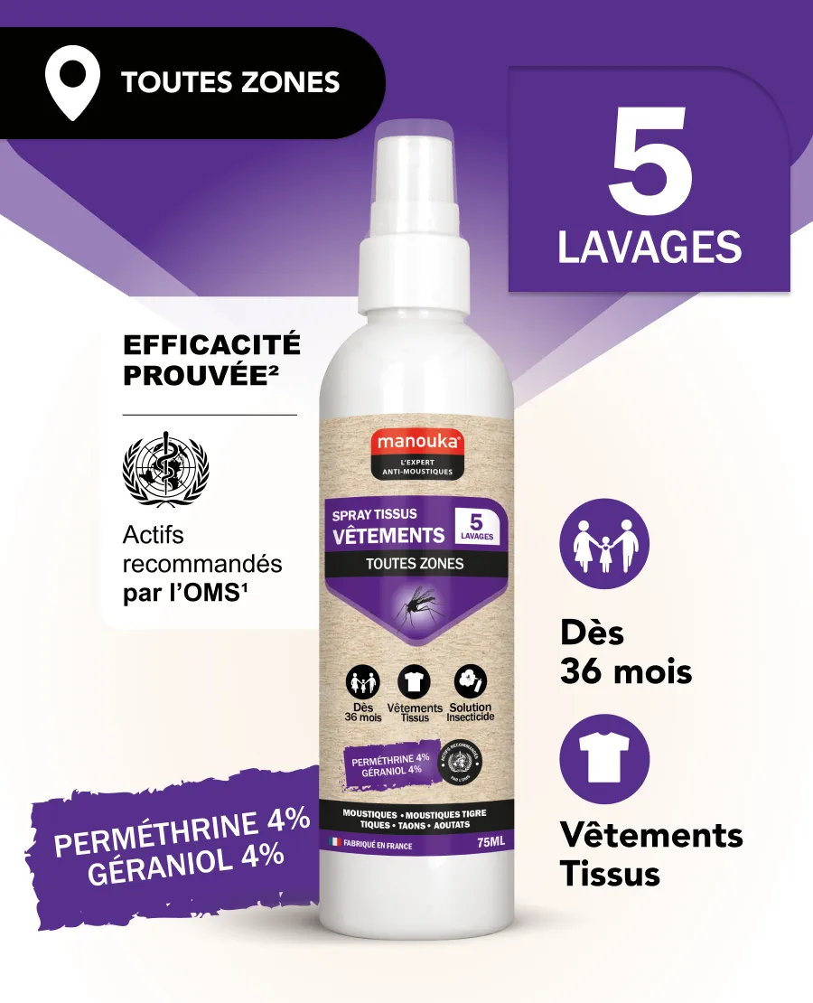 Spray anti-moustiques Manouka pour vêtements et tissus, protection durable jusqu'à 5 lavages