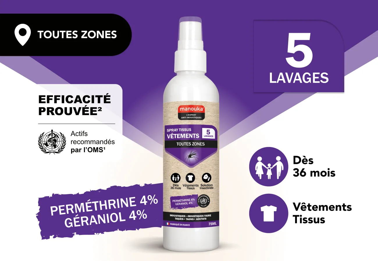 Spray anti-moustiques Manouka pour vêtements et tissus dès 36 mois, protection jusqu'à 5 lavages
