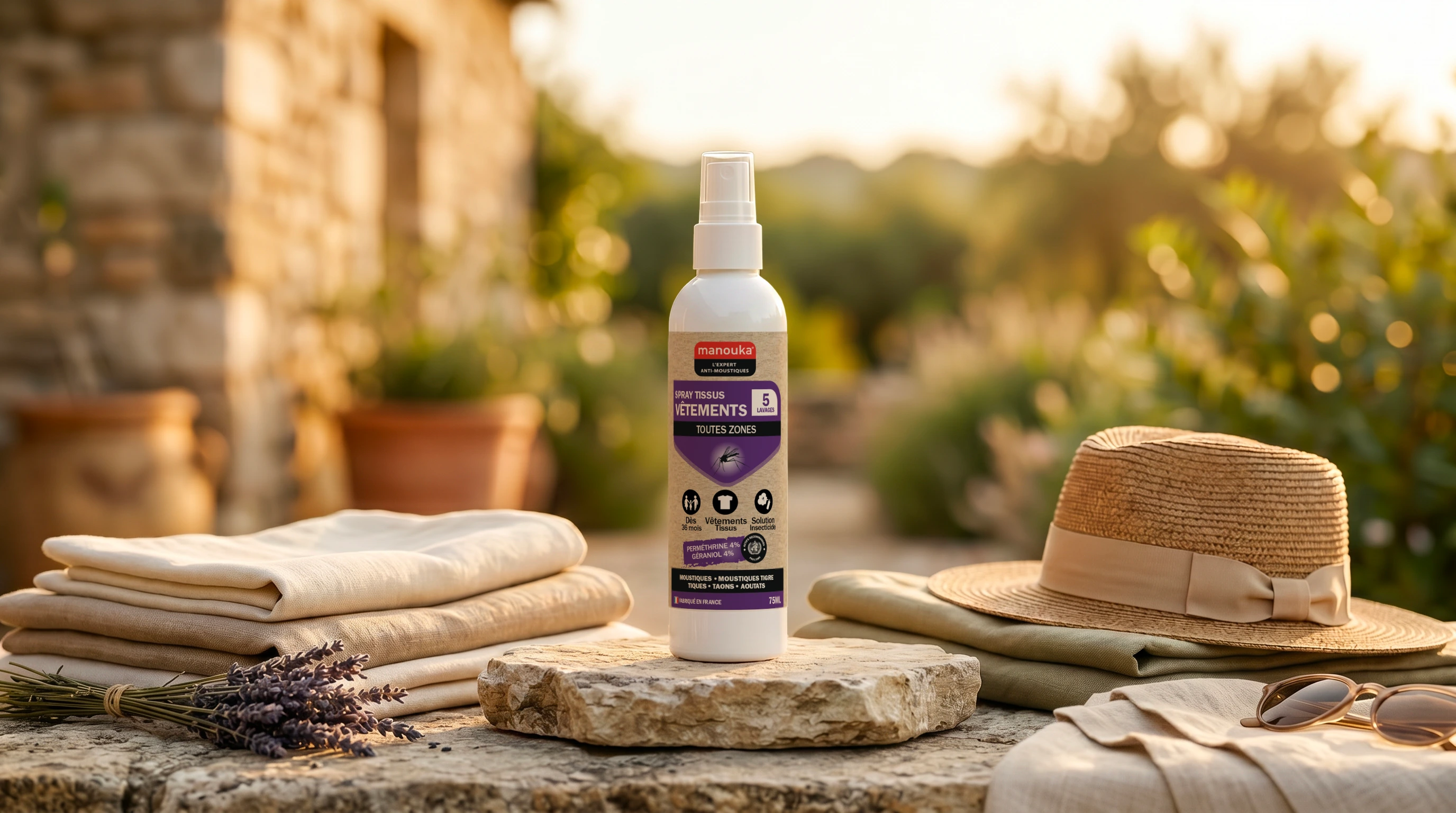 Spray anti-moustiques Manouka pour vêtements et tissus présenté dans un environnement extérieur avec vêtements pliés
