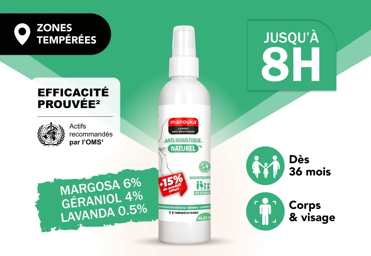 Lotion naturelle anti-moustiques Manouka pour le corps et le visage, efficace jusqu'à 8 heures dès 36 mois