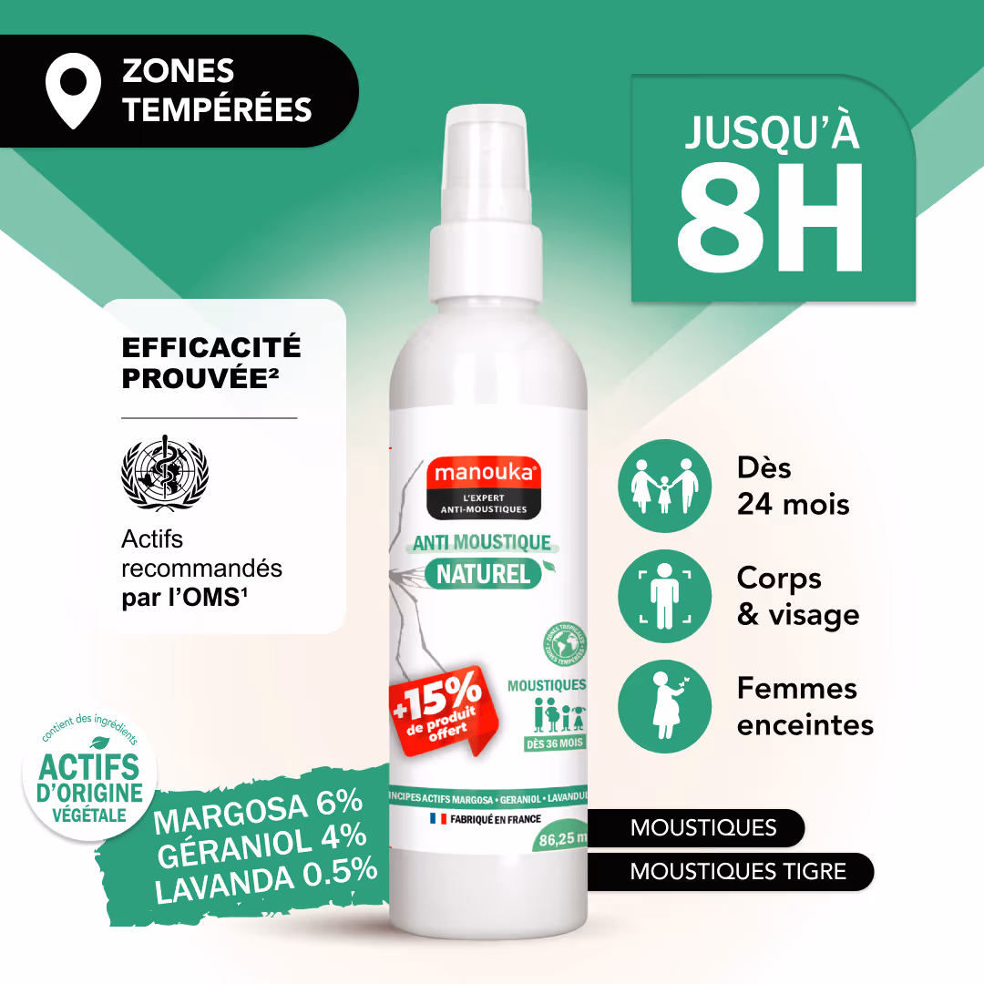 Lotion naturel anti-moustiques Manouka pour le corps et le visage, efficace jusqu'à 8 heures dès 36 mois