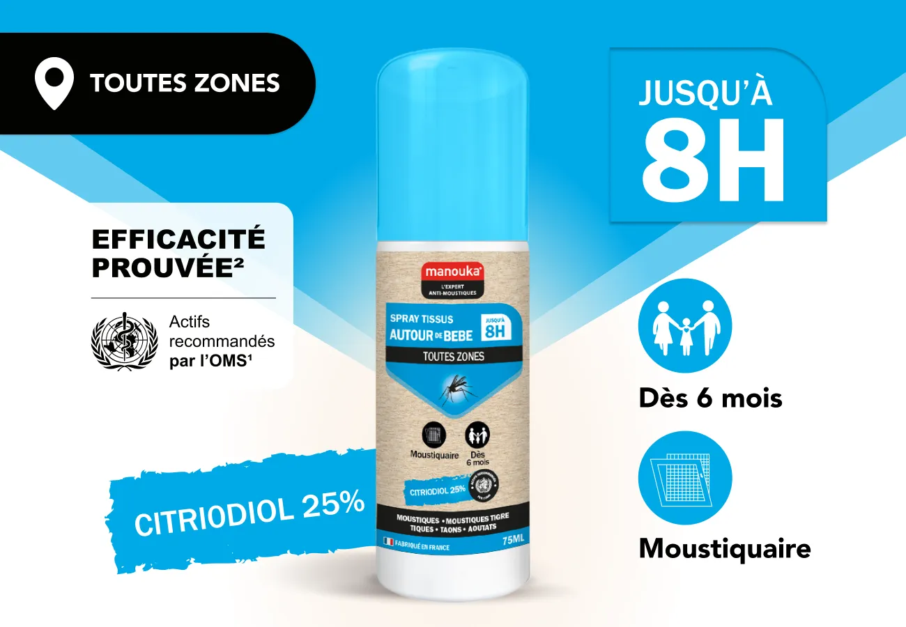Spray anti-moustiques Manouka pour tissus autour de bébé dès 6 mois, protection jusqu'à 8 heures
