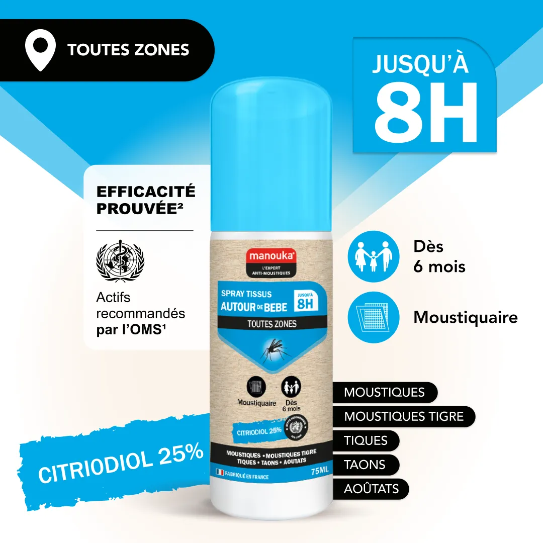 Flacon de spray anti-moustiques Manouka pour tissus autour de bébé avec protection jusqu'à 8 heures