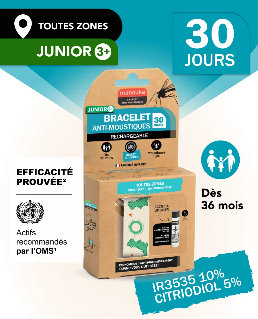 Bracelet anti-moustiques Manouka pour enfants dès 36 mois avec protection jusqu'à 30 jours