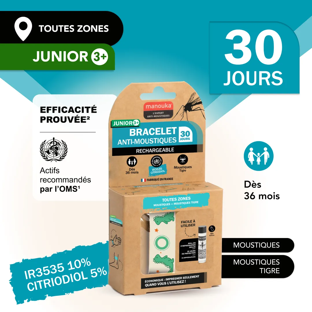 Bracelet anti-moustiques junior Manouka dès 36 mois, efficacité jusqu'à 30 jours