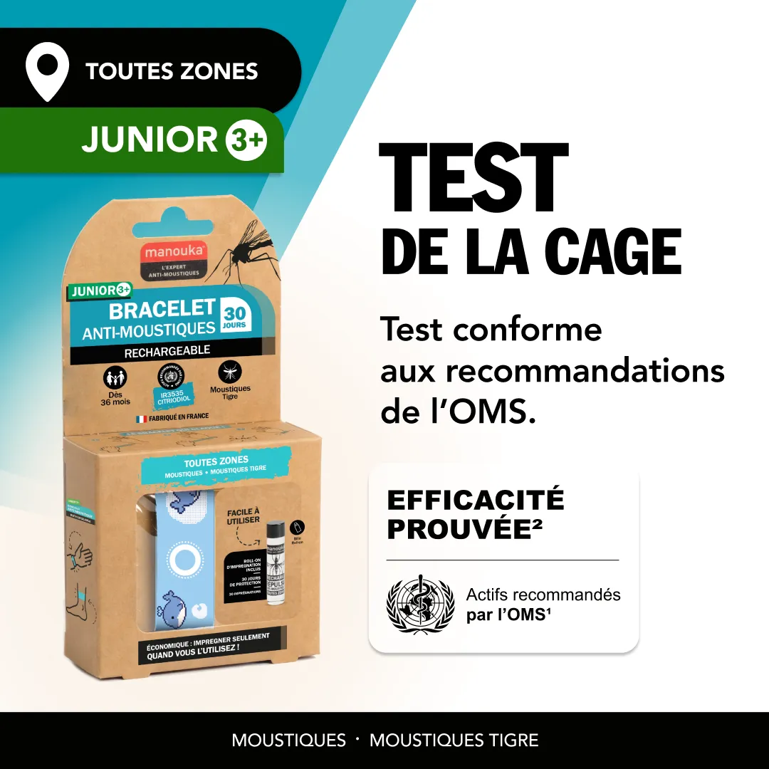 Bracelet anti-moustiques junior Manouka validé par un test de la cage selon les recommandations de l'OMS