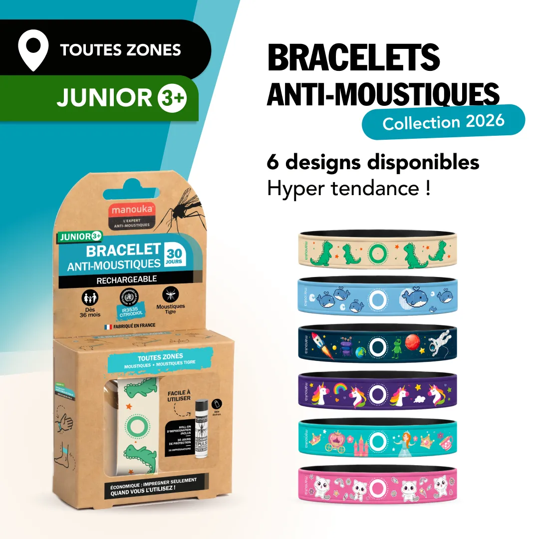 Bracelet anti-moustiques junior Manouka avec 6 designs personnalisables pour enfants