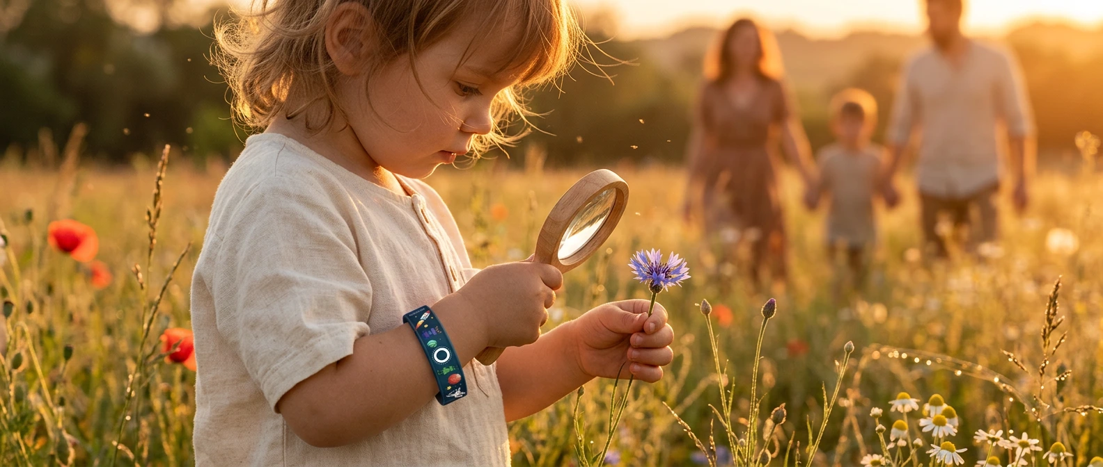 Enfant portant un bracelet anti-moustiques junior Manouka dans un jardin en famille
