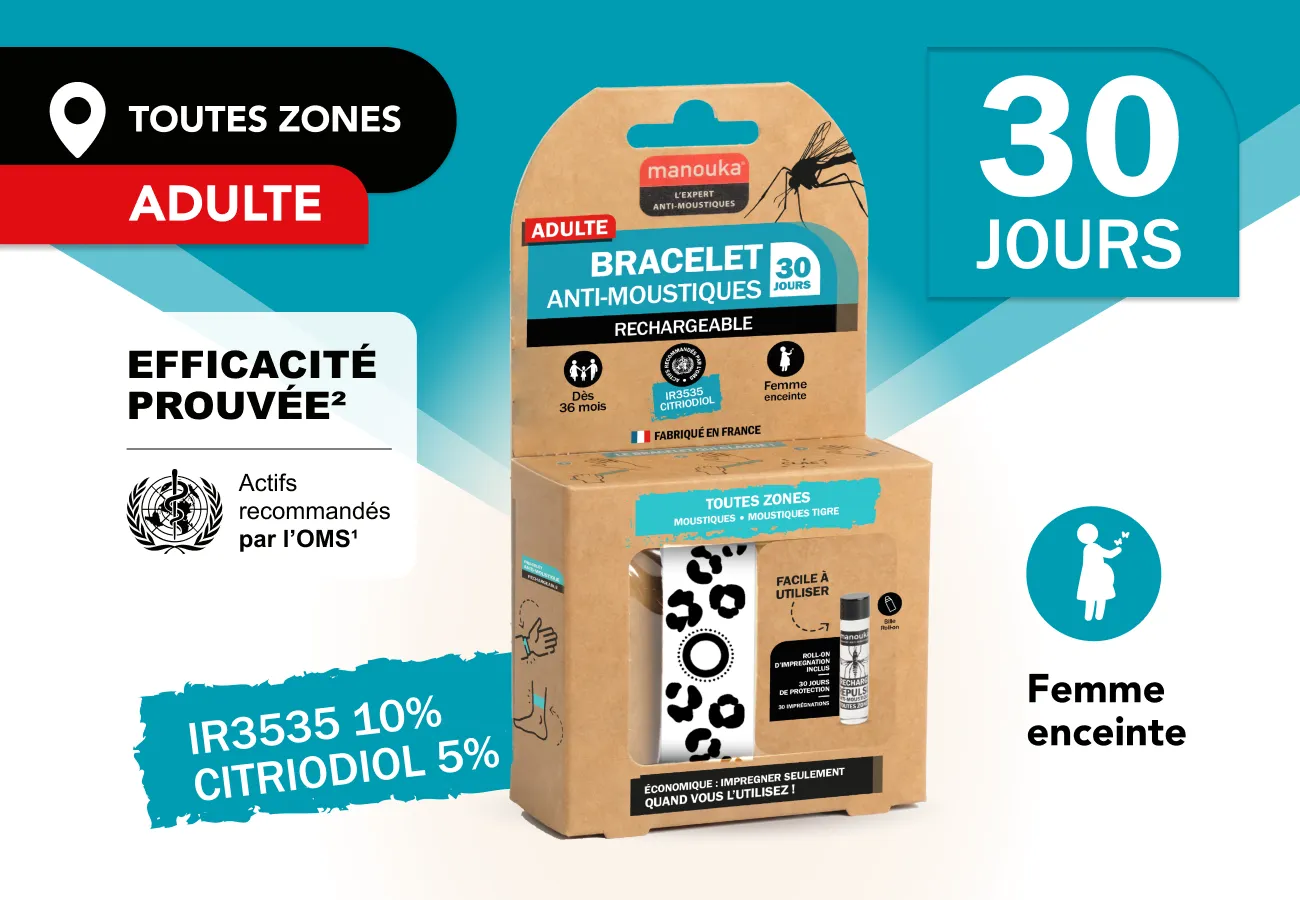 Bracelet anti-moustiques Manouka pour adultes compatible avec les femmes enceintes et efficace jusqu'à 30 jours