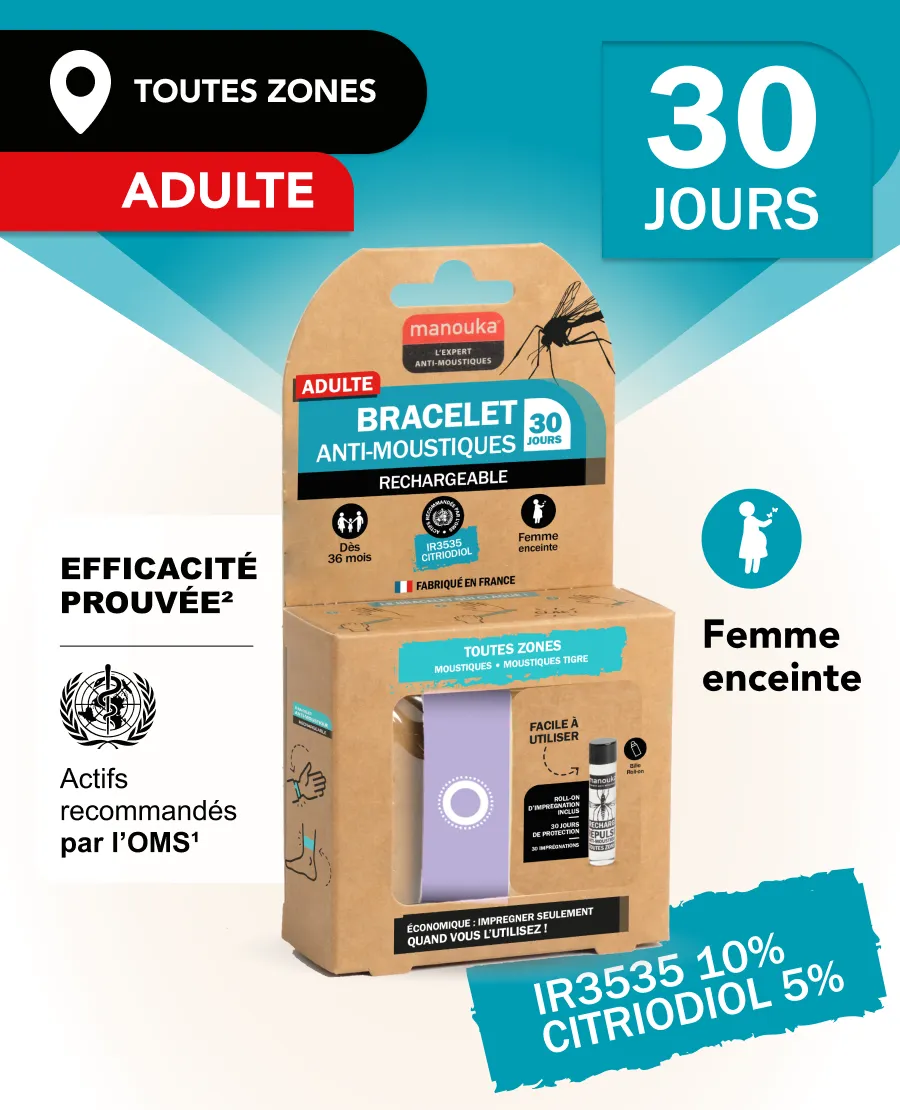 Bracelet anti-moustiques Manouka pour adultes compatible avec les femmes enceintes et efficace jusqu'à 30 jours