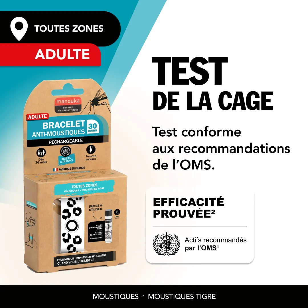 Bracelet anti-moustiques Manouka pour adultes validé par un test de la cage selon les recommandations de l'OMS