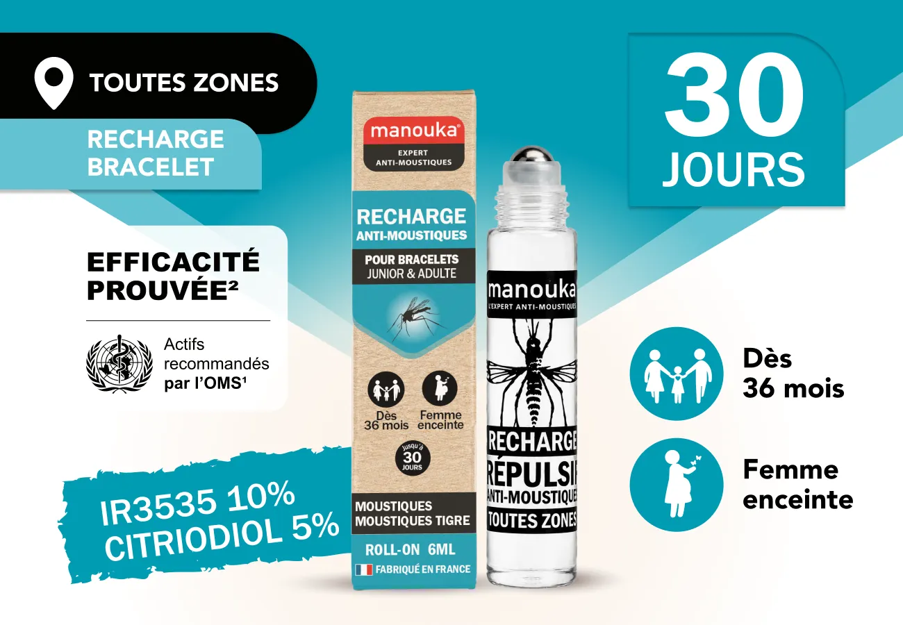 Recharge pour bracelet anti-moustiques Manouka avec protection jusqu'à 30 jours, dès 36 mois et compatible femmes enceintes