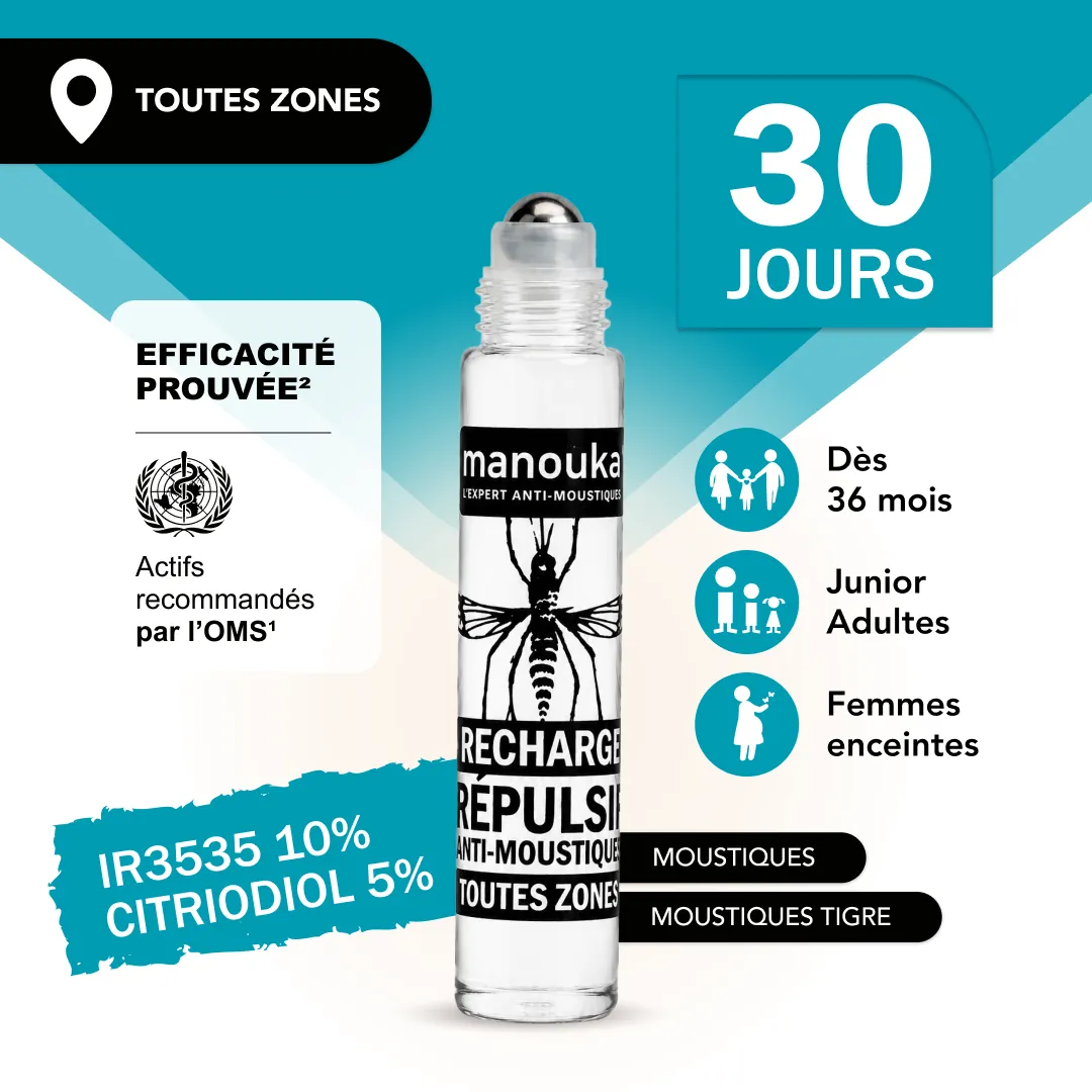 Recharge pour bracelet anti-moustiques Manouka avec protection jusqu'à 30 jours, dès 36 mois et compatible femmes enceintes