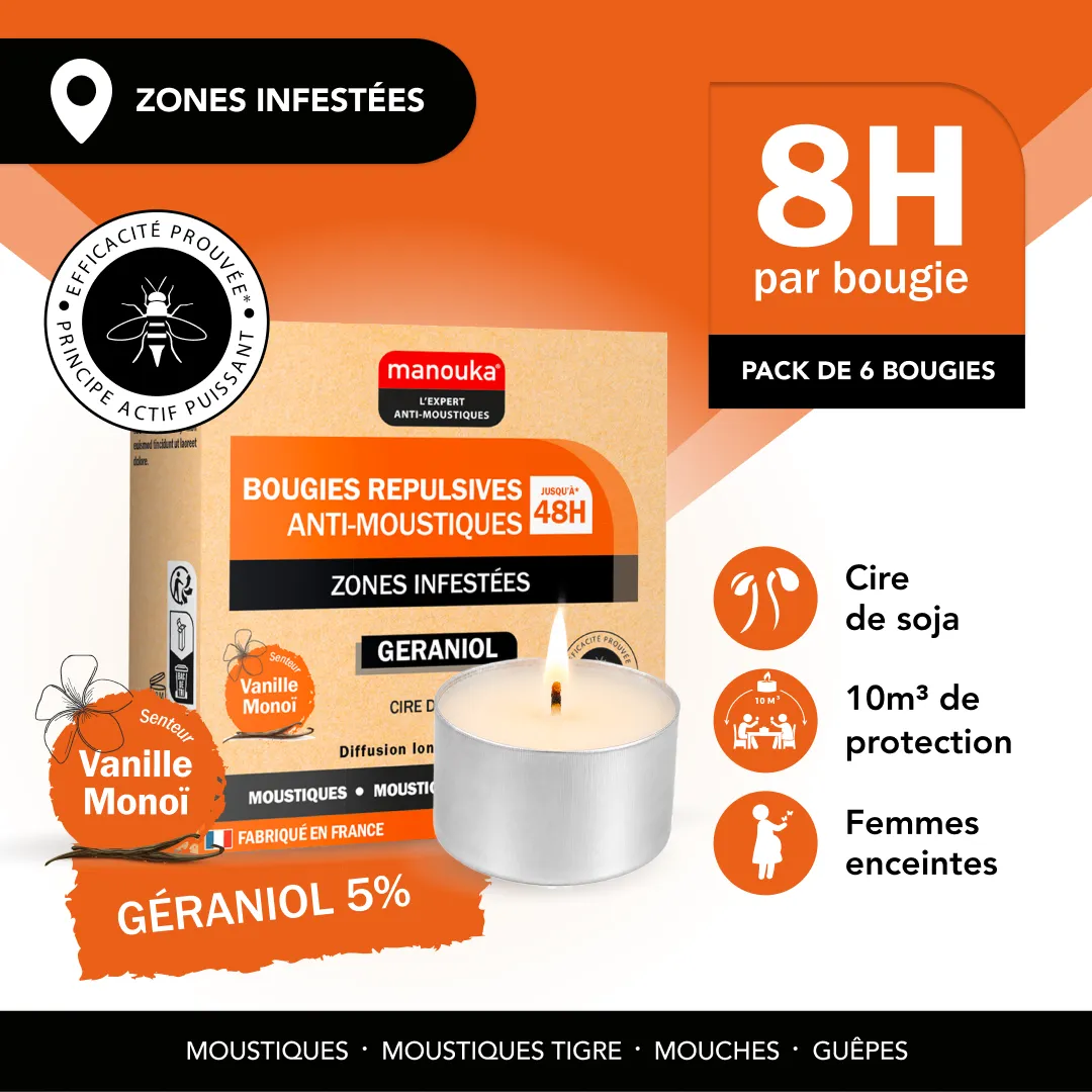 Bougie anti-moustiques Manouka à la cire de soja offrant jusqu'à 8 heures de protection