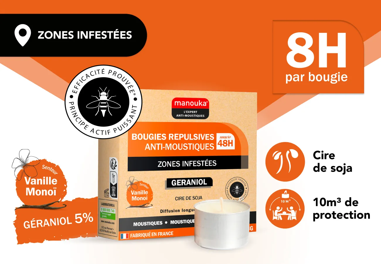 Bougie anti-moustiques Manouka à la cire de soja offrant jusqu'à 8 heures de protection