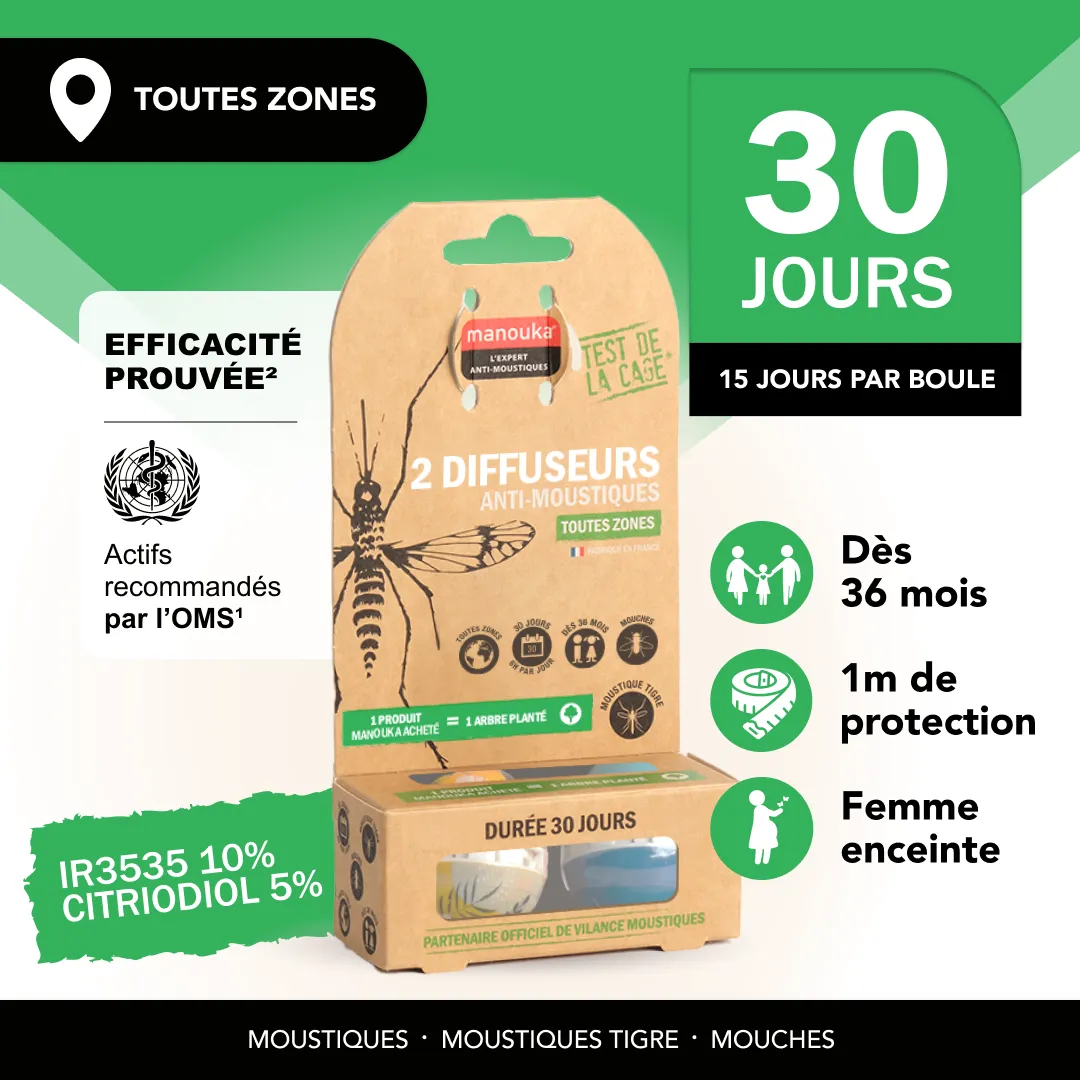 Double diffuseur anti-moustiques Manouka avec protection jusqu'à 30 jours, dès 36 mois et compatible femmes enceintes