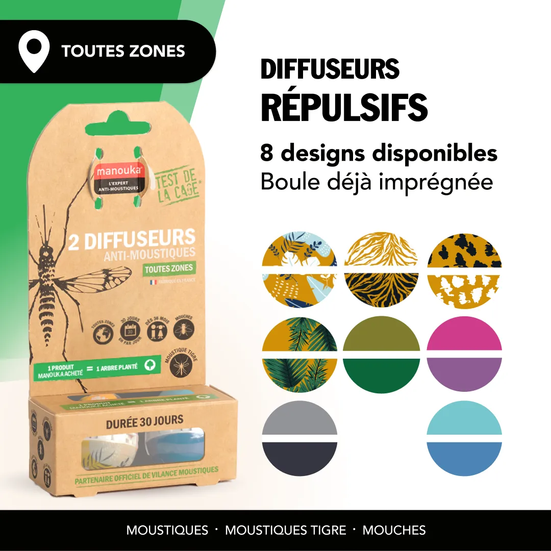 Double diffuseur anti-moustiques Manouka avec 8 designs disponibles pour personnaliser la protection