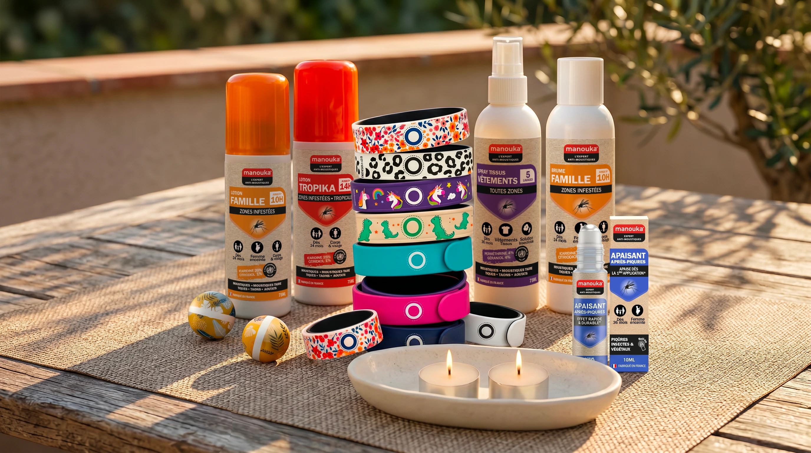Gamme de produits anti-moustiques Manouka comprenant bracelets, sprays, roll-on et bougie