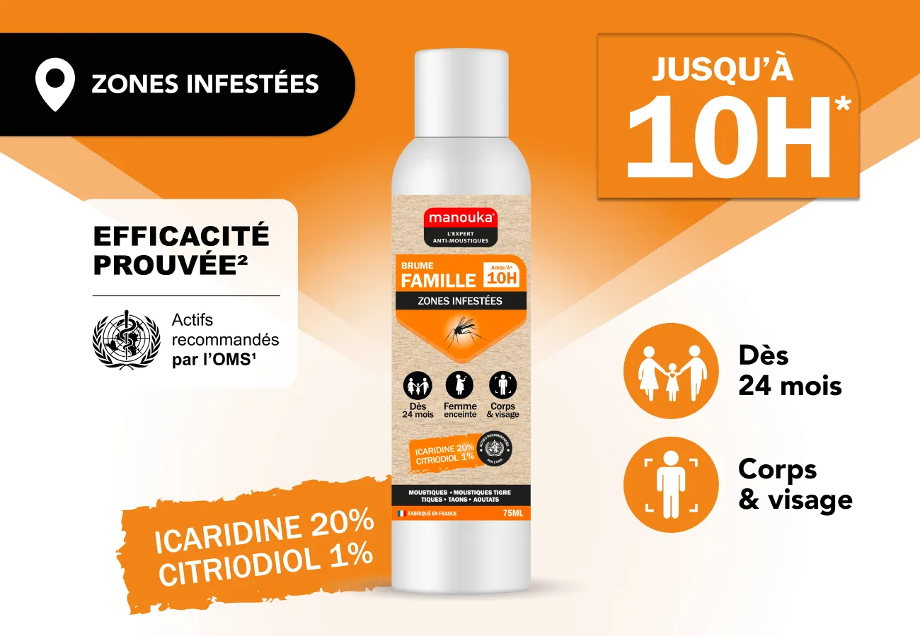 Brume Famille anti-moustiques Manouka pour le corps et le visage, efficace jusqu'à 10 heures dès 24 mois