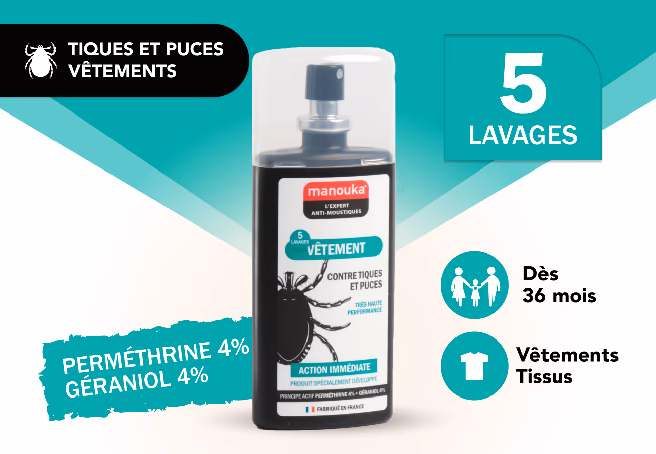 Spray anti-tiques et puces Manouka pour vêtements et tissus, efficacité jusqu'à 5 lavages