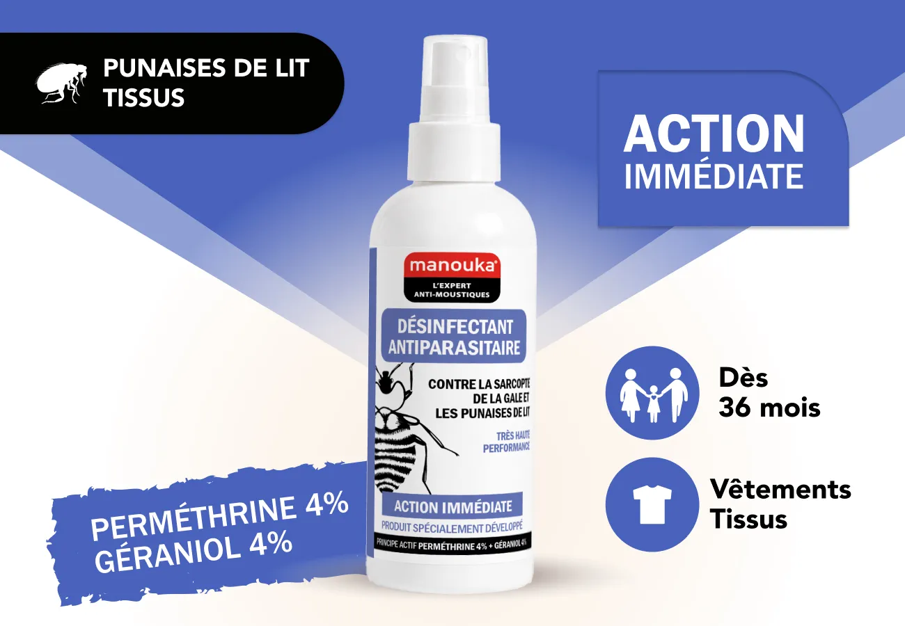 Désinfectant Manouka contre les punaises de lit avec action immédiate pour vêtements et tissus