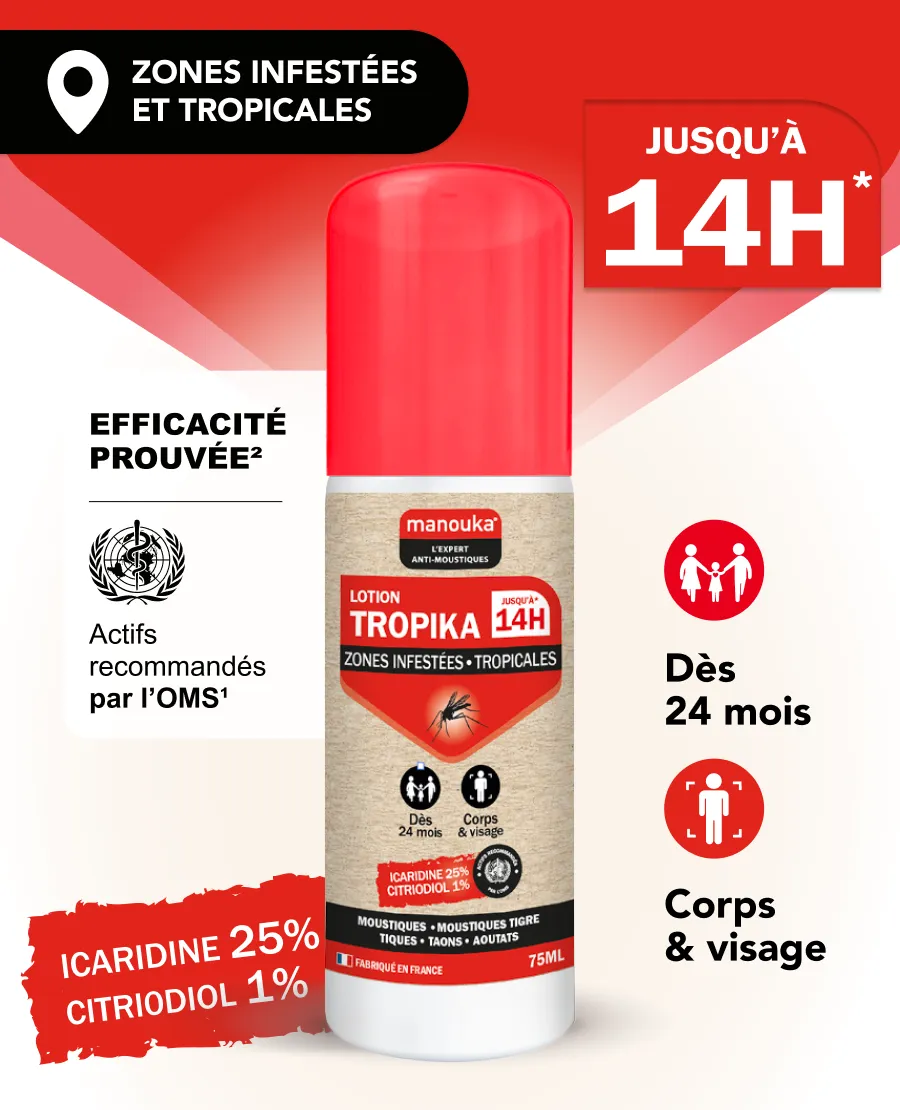 Lotion anti-moustiques Tropika Manouka pour les zones tropicales et infestées, efficace jusqu'à 14 heures dès 24 mois